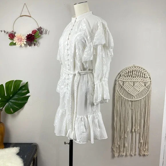 NWT Alice + Olivia White Teddi Button Front Belted Embroidered Mini Dress NWT Alice + Olivia White Teddi Button Front Belted Embroidered Mini Dress
